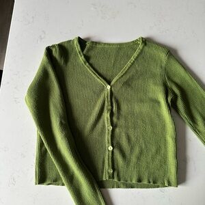 Green Ribbed Button-Up Cropped Cardigan